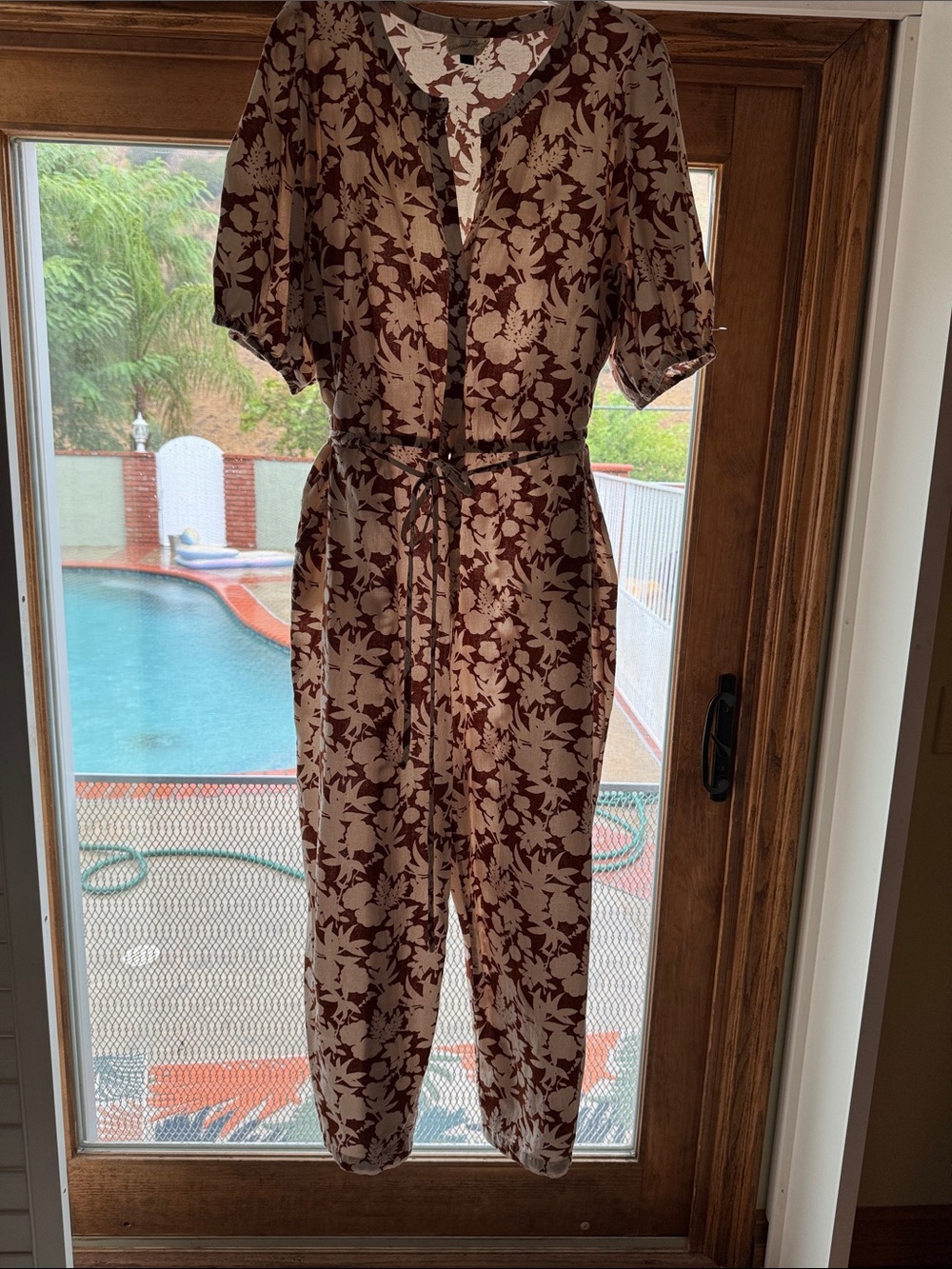 Universal Thread Taupe & Burgundy Floral Tie-Waist Jumpsuit